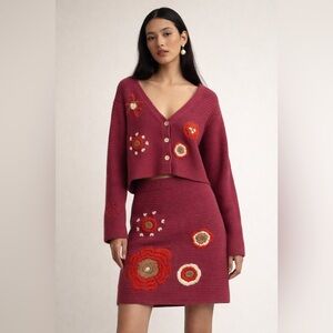 The Elder Statesman Knit Embroidered Floral Cardigan Skirt Set Size S Boho Artsy